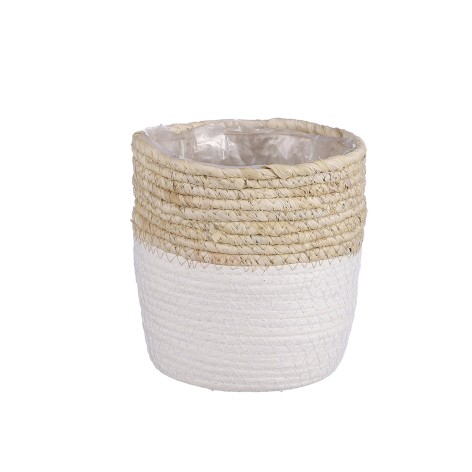 Cesta decorativa Cubremacetas blanco con hojas de maiz 16cm